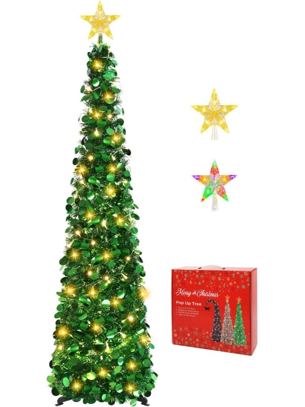 🎄5FT Green Pop Up with Lighted Top Star for Christmas LED Tree Home Decorations